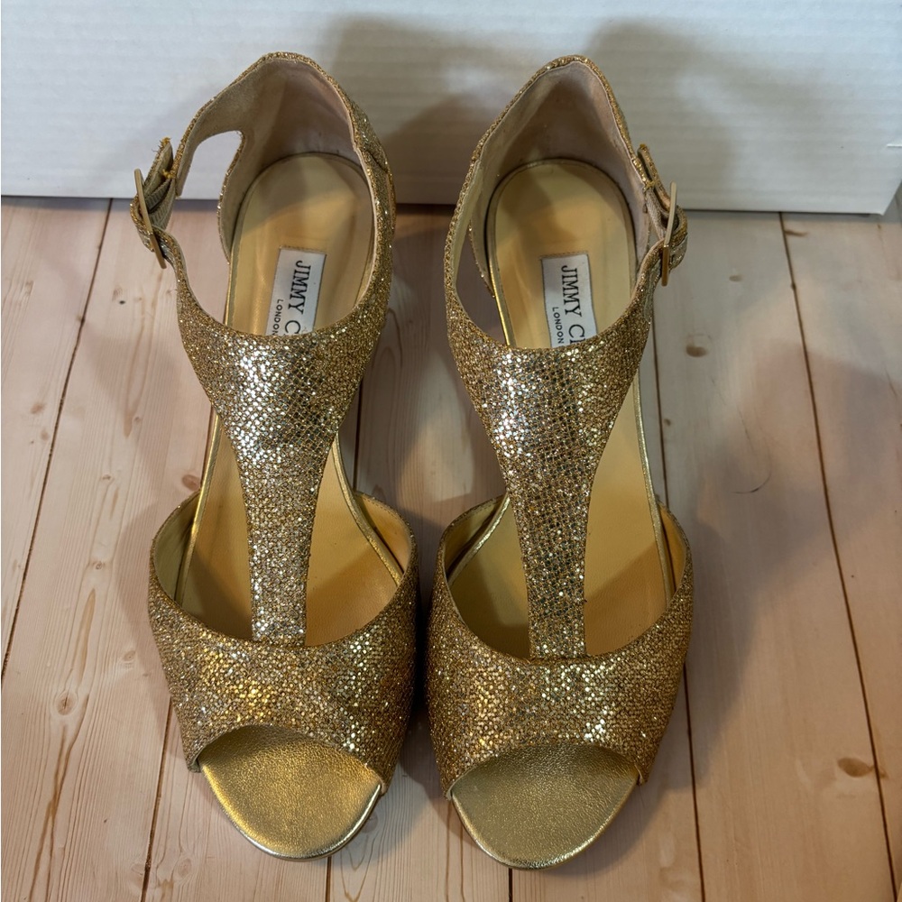 Authentic Jimmy Choo Gold Glitter Fabric Wedge Sandals 40.5 US 10.5 $650 Retail